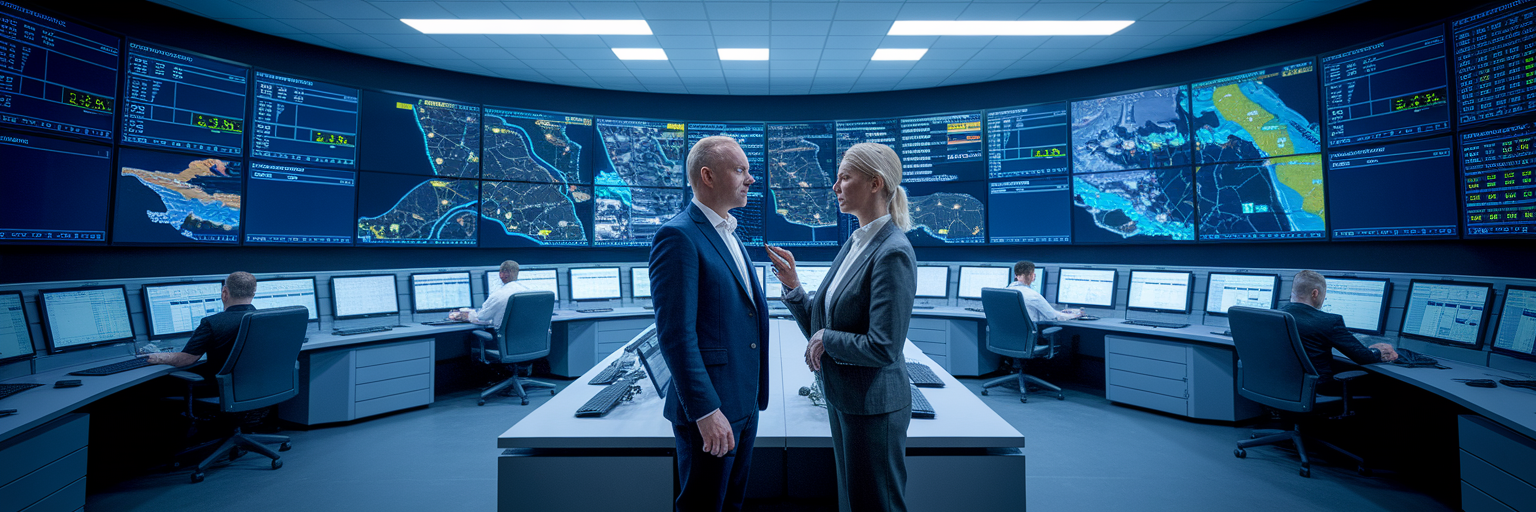 Logistics control room managers discussing operations.