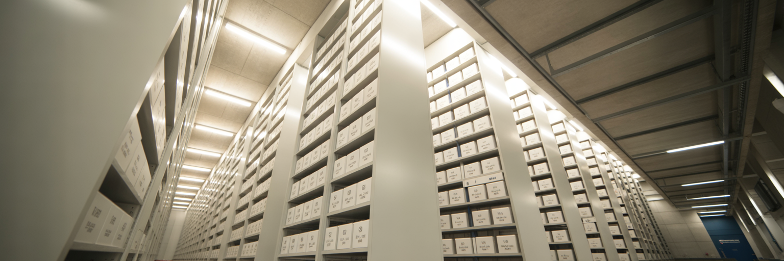 Organised archive room with tall shelving