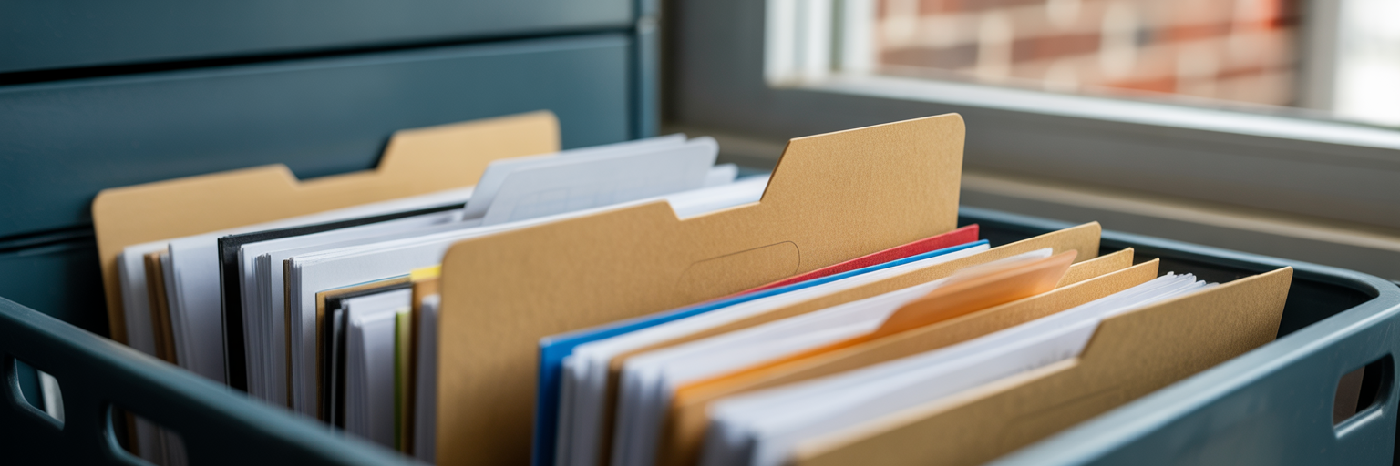 Organised case files in a metal tray