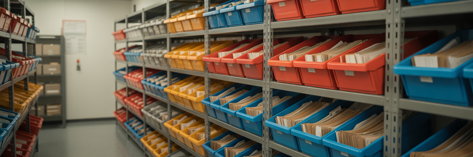 Organised trays of folders on a shelf.